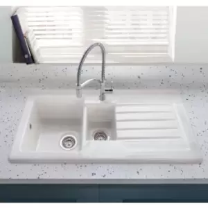 image of 1.5 Bowl Inset White Ceramic Kitchen Sink with Reversible Drainer - Alexandra