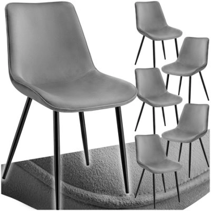 Image of Tectake Set Of 6 Dining Chair Monroe - Padded, Velvet Look, Ergonomic Seat, Black Steel Legs - Grey