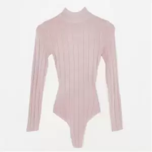 Image of Missguided Petite Rib High Neck Bodysuit - Pink