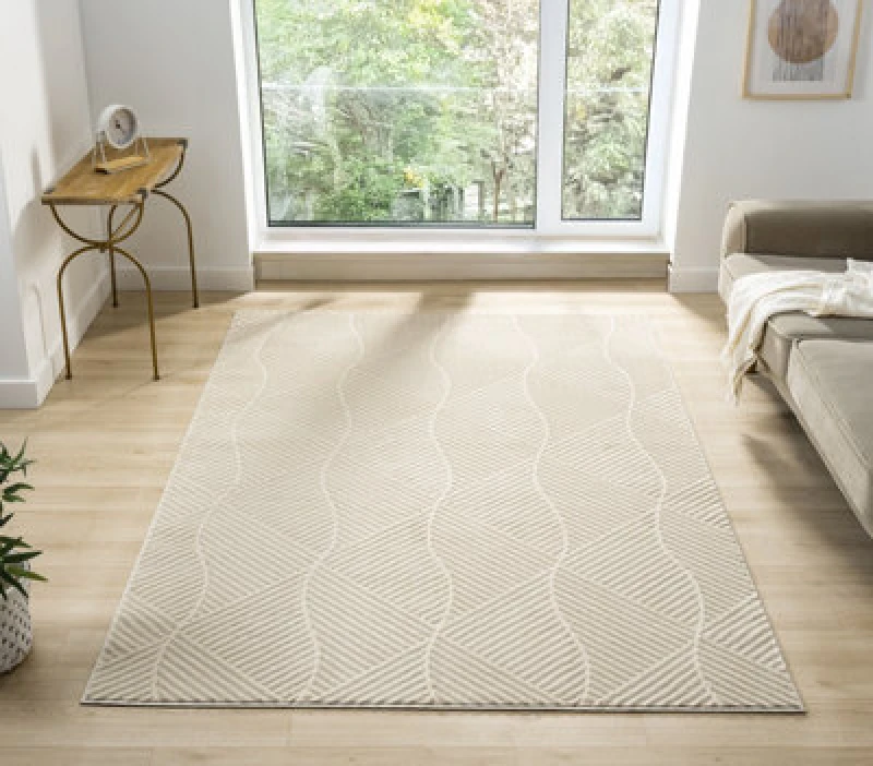Image of Vellure Modern Indoor Living Room Area Rug Embossed Metallic Sheen Pyramid Design Cream 60X220 Cm