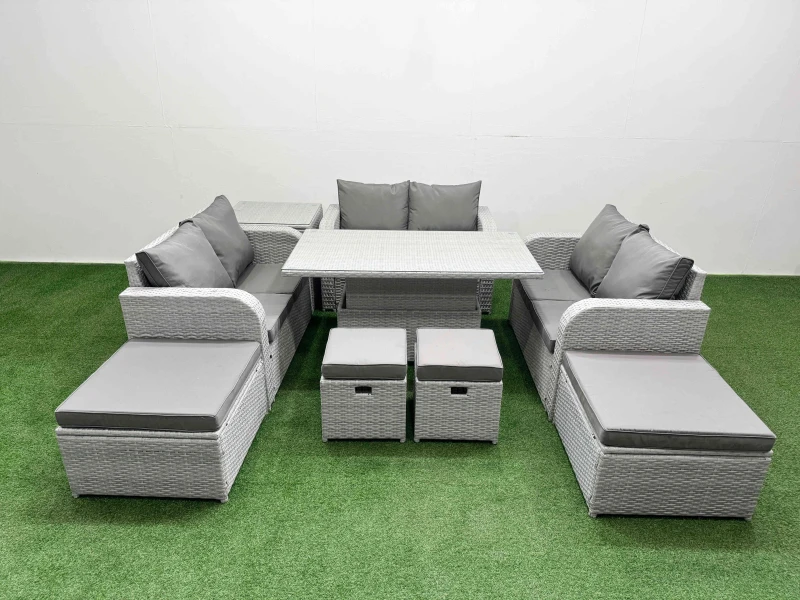 Image of Fimous 9 PCs Rising Dining Table Set Inclining Love Sofa Seat Big Footstool in Light Grey Light Grey Unisex