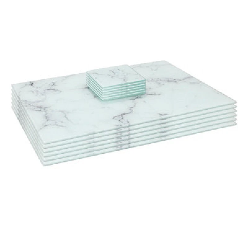 Image of Harbour Housewares 12Pc Glass Placemats & Square Coasters Set - 40 X 30Cm Marble Dining Table Protection Place Mats & Coasters