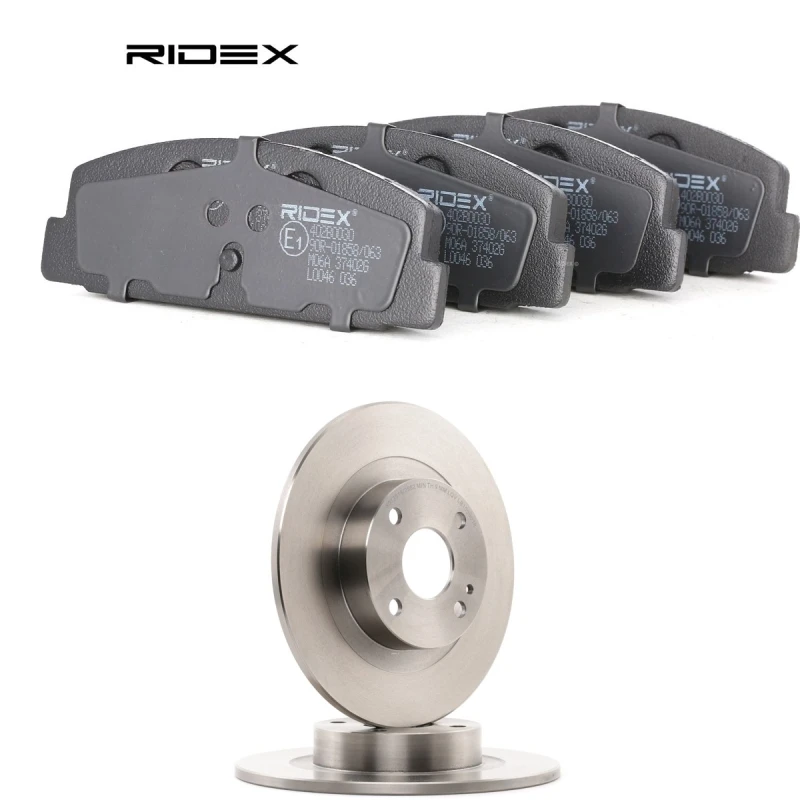 Image of RIDEX 3405B3343 Brake disc and pads set Rear Axle, Brake Disc Type: Solid, excl. wear warning contact Brake Set,disc brakes (3405)