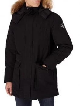 Image of Calvin Klein Jeans Faux Fur Trimmed Down Parka, Black, Size XS, Men