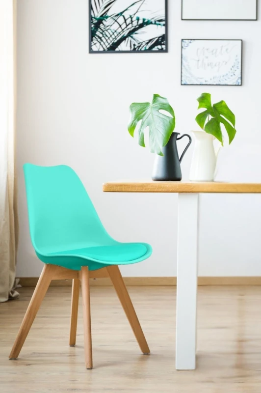 Image of Fusion Living Soho Plastic Dining Chair with Squared Light Wood Legs Aqua