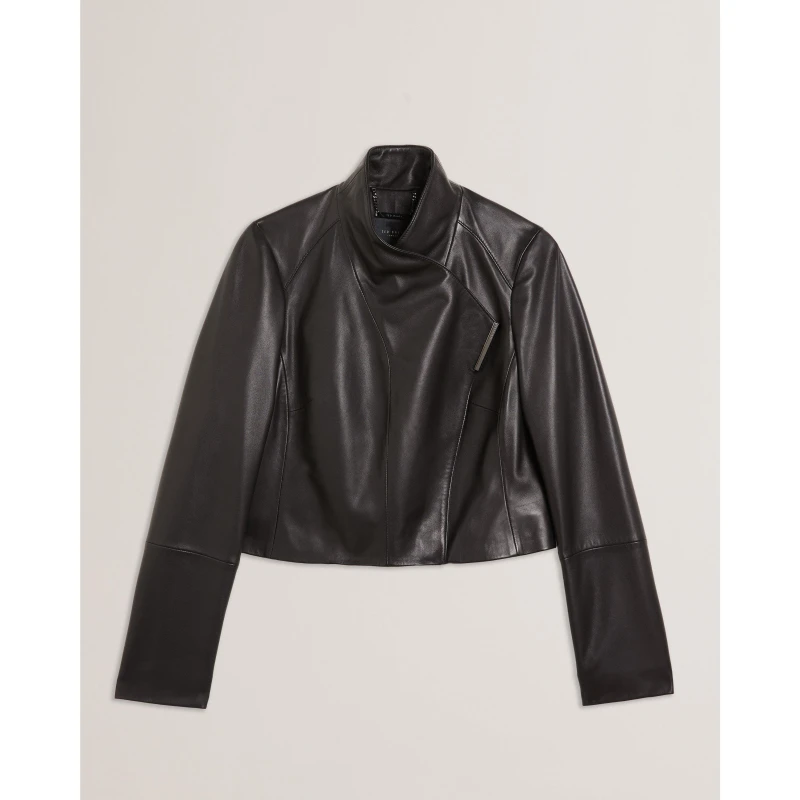 Image of Ted Baker Womens Cropped Leather Overcoat Black female 8 (XS)