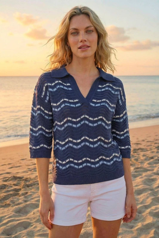 Image of Roman Womens Stripe Wave Knit Polo Top in Navy Size: 12 Navy Female 12