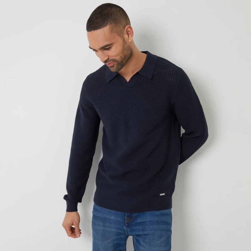 Image of Threadbare Textured Knitted Trophy Neck Long Sleeve Polo Navy male S