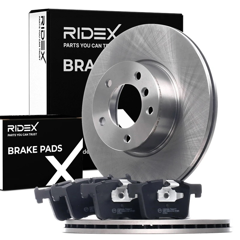 Image of RIDEX 3405B0840 Brake disc and pads set Front Axle, Brake Disc Type: internally vented, with piston clip Brake Set,disc brakes (3405)