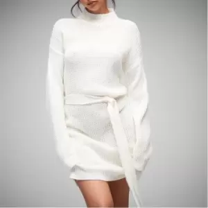 image of Missguided Petite Belted Knit Mini Dress - Cream