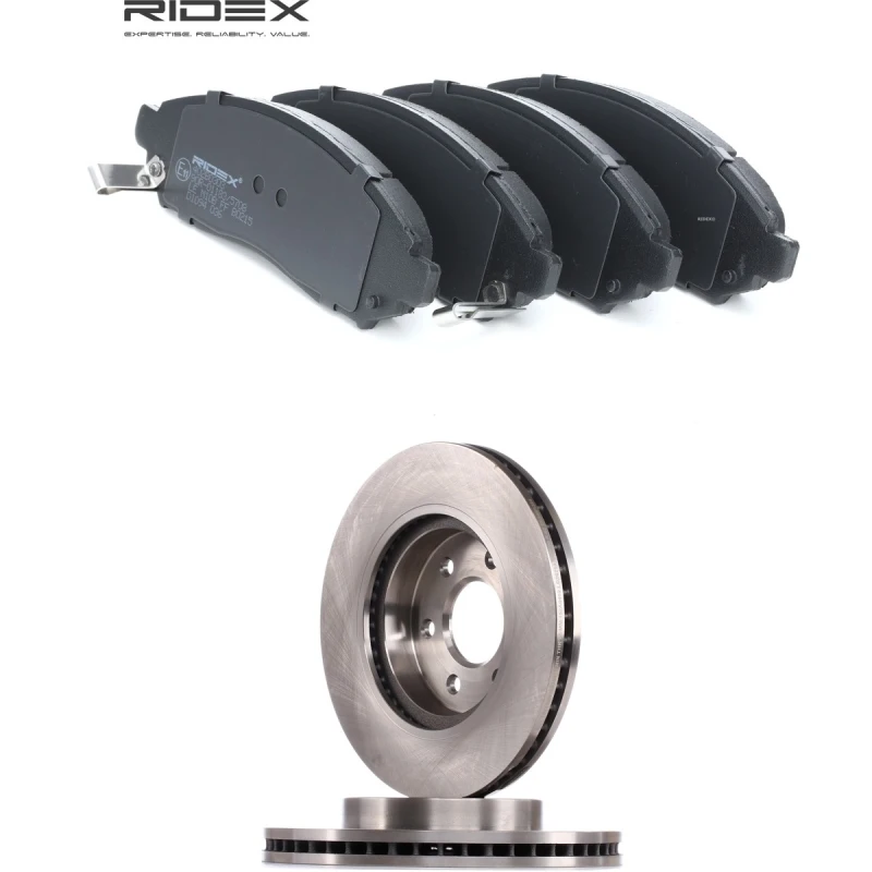 Image of RIDEX 3405B2957 Brake disc and pads set Front Axle, Brake Disc Type: internally vented, with acoustic wear warning Brake Set,disc brakes (3405)