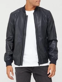 Image of Superdry Leather Light Bomber Jacket - Navy Size M Men