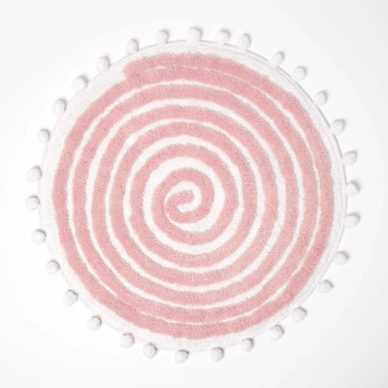 Image of Homescapes Spiral Blush Pink Cotton Bath Mat With Pom Pom Edges