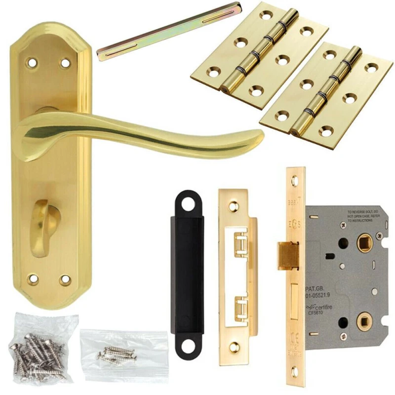 Image of Loops Door Handle & Bathroom Lock Pack Brass Sculpted Lever Thumbturn Backplate Metallics