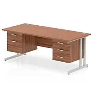 Image of Dynamic Rectangular Office Desk Walnut MFC Cantilever Leg Silver Frame Impulse 1 x 2 Drawer 1 x 3 Drawer Fixed Ped 1800 x 800 x 730mm