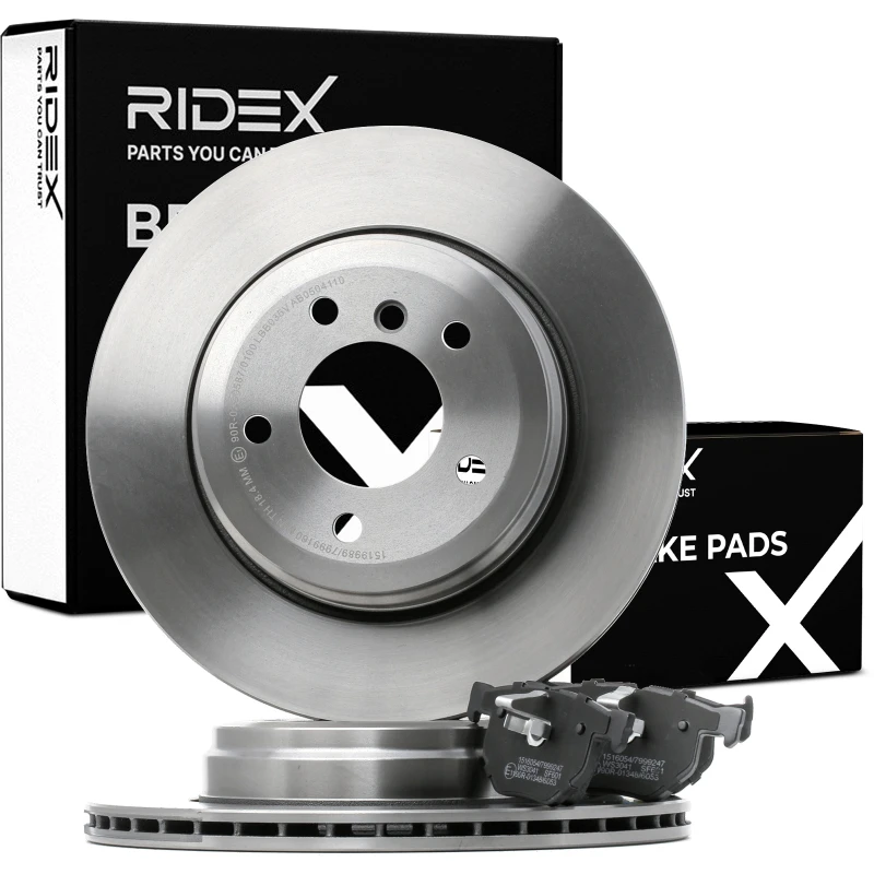 Image of RIDEX 3405B0858 Brake disc and pads set Rear Axle, Brake Disc Type: Vented, excl. wear warning contact, with piston clip Brake Set,disc brakes (3405)