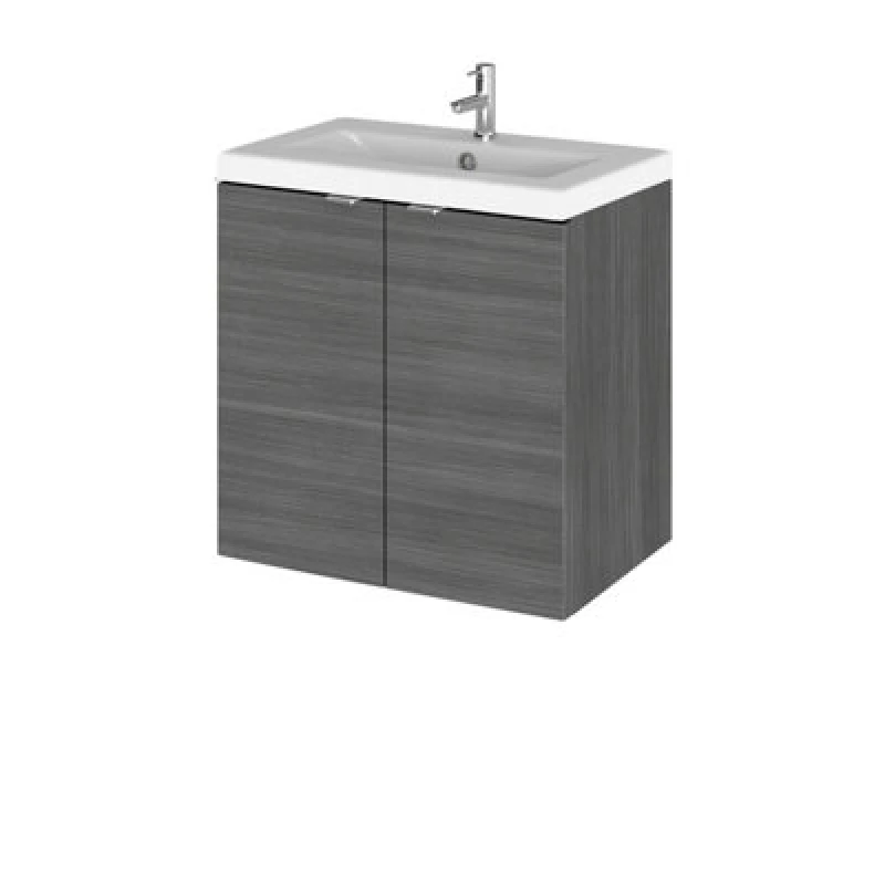 Image of Hudson Reed Fusion Wall Hung 2 Door Vanity Unit & Ceramic Basin, Sink Vanity Unit, Anthracite Woodgrain, 500mm