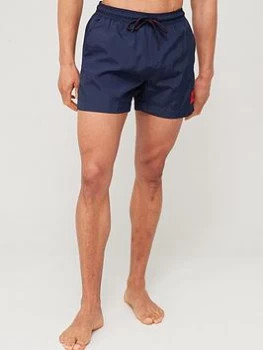 Image of HUGO Dominica Red Patch Logo Swim Shorts - Navy Size XL Men