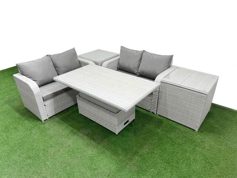 Image of Fimous 4 Seater Outdoor Love Sofa Set Rattan Garden Furniture Set with Adjustable Lifting Dining or Coffee Table 2 Side Tables Light Grey Light Grey