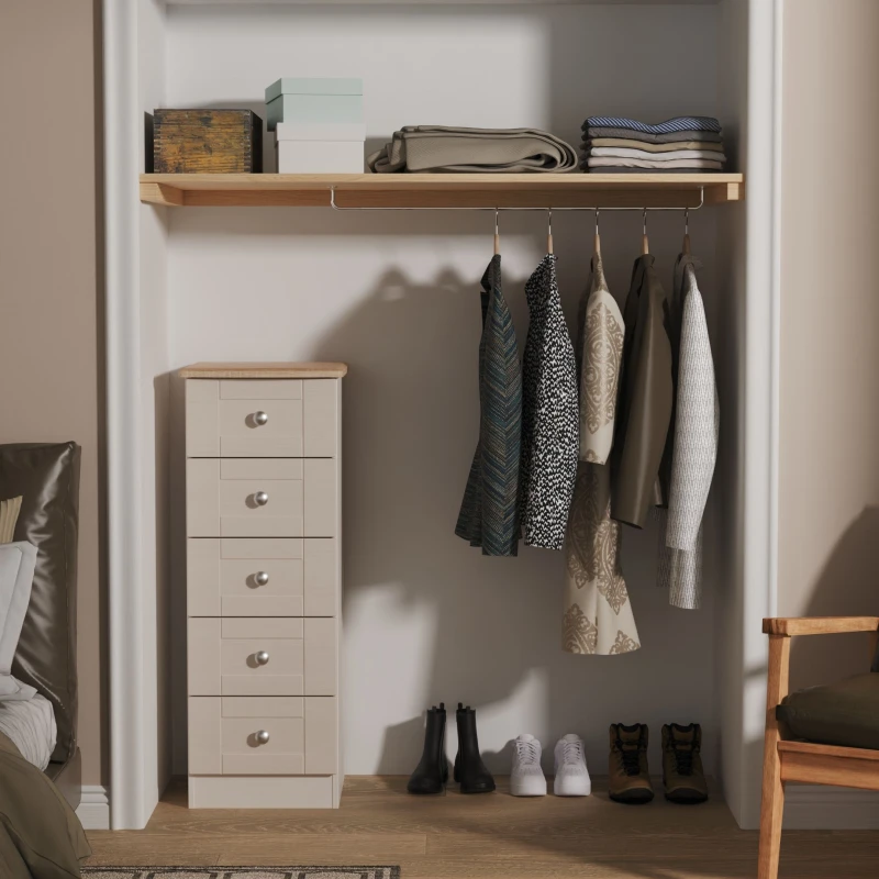 Image of Santander Ready Assembled Matt Beige & Oak 5 Drawer Wide Bedside Chest (H)1074mm (W)395mm (D)411mm