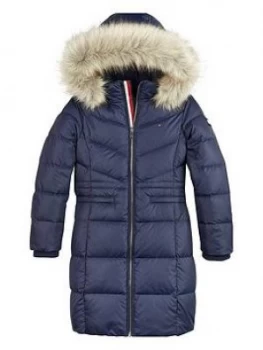 image of Tommy Hilfiger Girls Longline Down Faux Fur Trim Hooded Coat - Navy