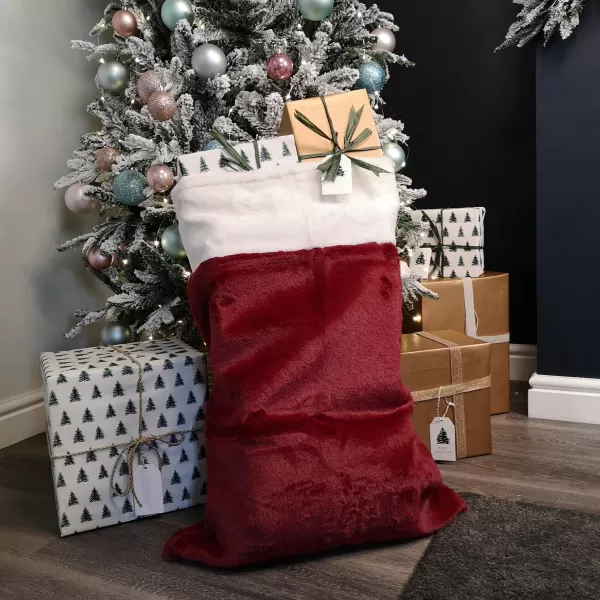 Image of 80cm Red Christmas Present Sack with White Faux Fur Trim and Pom Poms