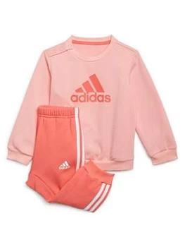 Image of adidas Adidsa Infant Badge Of Sport Logo Crew & Pant Set, Pink/White, Size 12-18 Months
