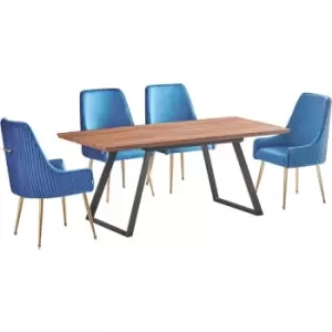 Image of 5 Pieces Life Interiors Soho Toga Dining Set - an Extendable Brown Rectangular Wooden Dining Table and Set of 4 Blue Dining Chairs - Blue