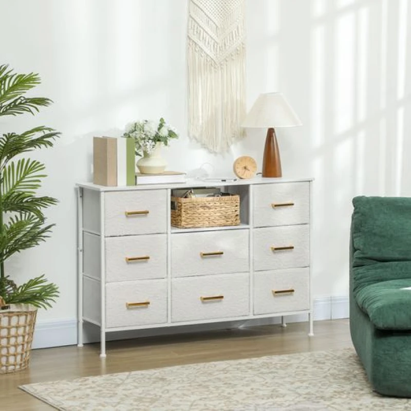 Image of HOMCOM HOMCOM Boucle Chest of Drawers, 2 USB & 2 AC Ports, 8 Drawers Dresser in White White One Size Unisex 5063603208445