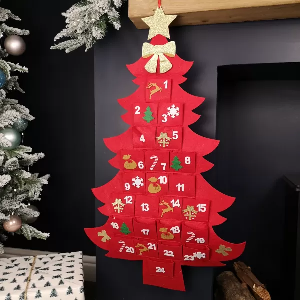 Image of 90cm Fabric Tree Shape Advent Calendar Christmas Decoration in Red
