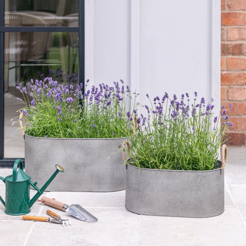 Image of Ivyline Outdoor Galvanised Rope Handle Trough Set Of Two, Silver OGRHT2