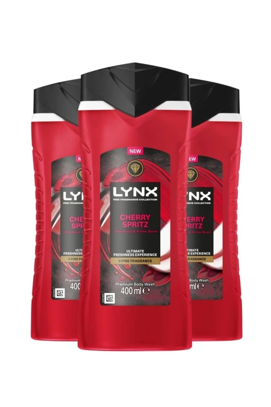 Image of Lynx Mens Cherry Spritz Body Wash with 12H Freshness for Men, 400ml 3 Pack in Red Red Male
