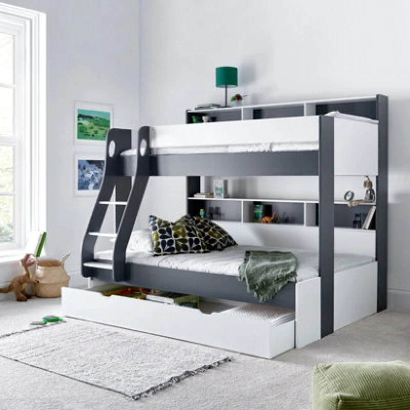 Image of Bedmaster Bedmaster Oliver Triple Sleeper Storage Bunk Bed With Drawer With Spring Mattresses in Grey Size: Small Double Grey Small Double Unisex 07