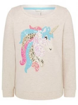 Image of Monsoon Girls S.E.W. Sequin Unicorn Sweatshirt - Oatmeal, Size Age: 9-10 Years, Women