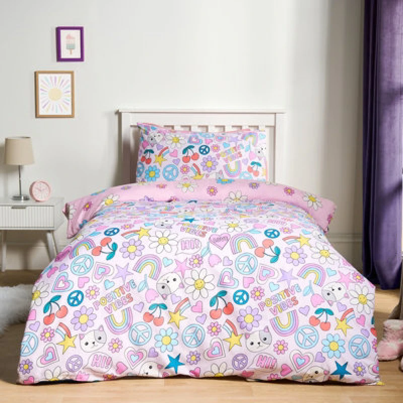 Image of OHS OHS Microfibre Reversible Positive Vibes Print Kids Duvet Cover Set with Pillowcase in Pink Size: Single Pink Single Unisex 5027434222872