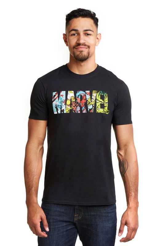 Image of Marvel Comic Strip Logo Cotton T-Shirt Black male