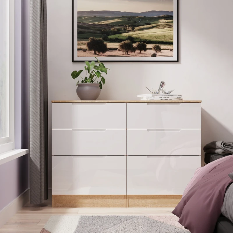 Image of Welcome Furniture Ready Assembled Milan 6 Drawer Midi Chest In White Gloss & Bardolino Oak, White MIL015WGBO