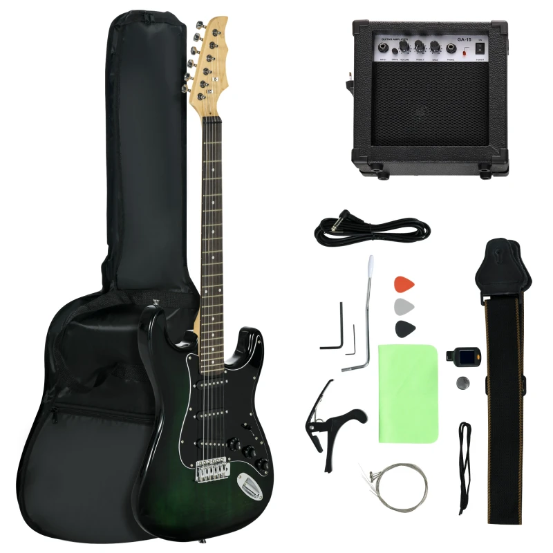 Image of SPORTNOW 6 String Electric Guitar, Right Handed, with 20w Amp, Digital Tuner, Spare Strings, Picks, Shoulder Strap, and Case Bag, Black Green
