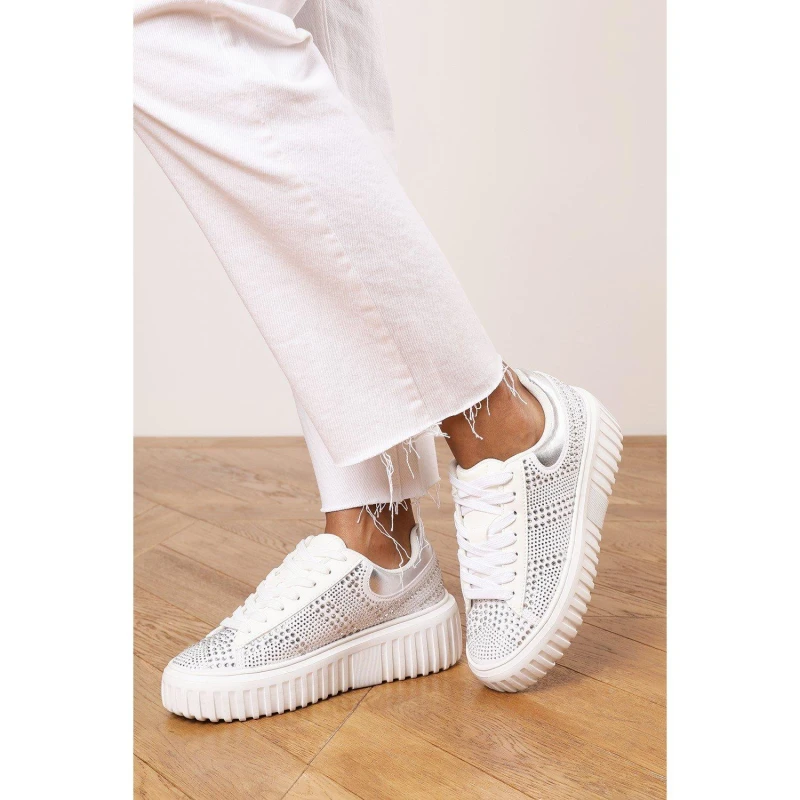 Image of Wheres That From Lace Up Trainer with Diamante pattern and chunky sole White female 8 (41)