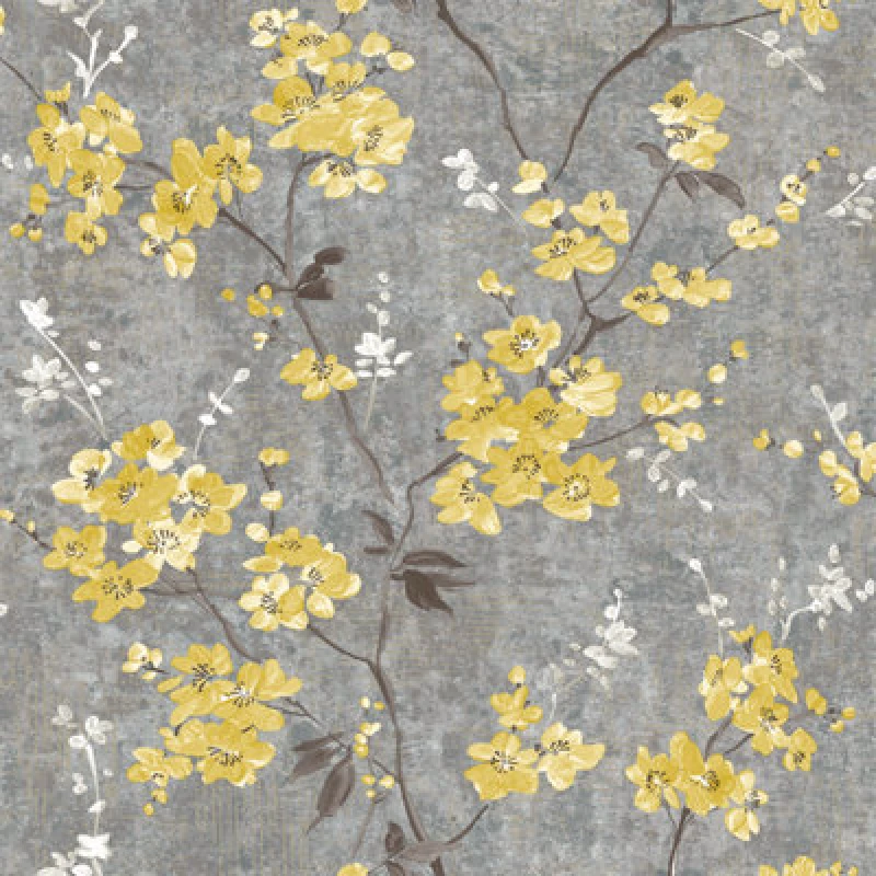 Image of Paul Moneypenny Ochre Anethe Blossom Trail Textured Charcoal Wallpaper For Grandeco