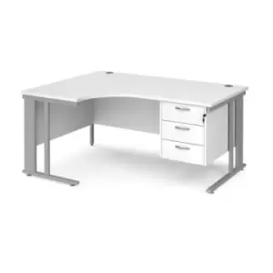 image of Office Desk Left Hand Corner Desk 1600mm With Pedestal White Top With Silver Frame 1200mm Depth Maestro 25 MCM16ELP3SWH