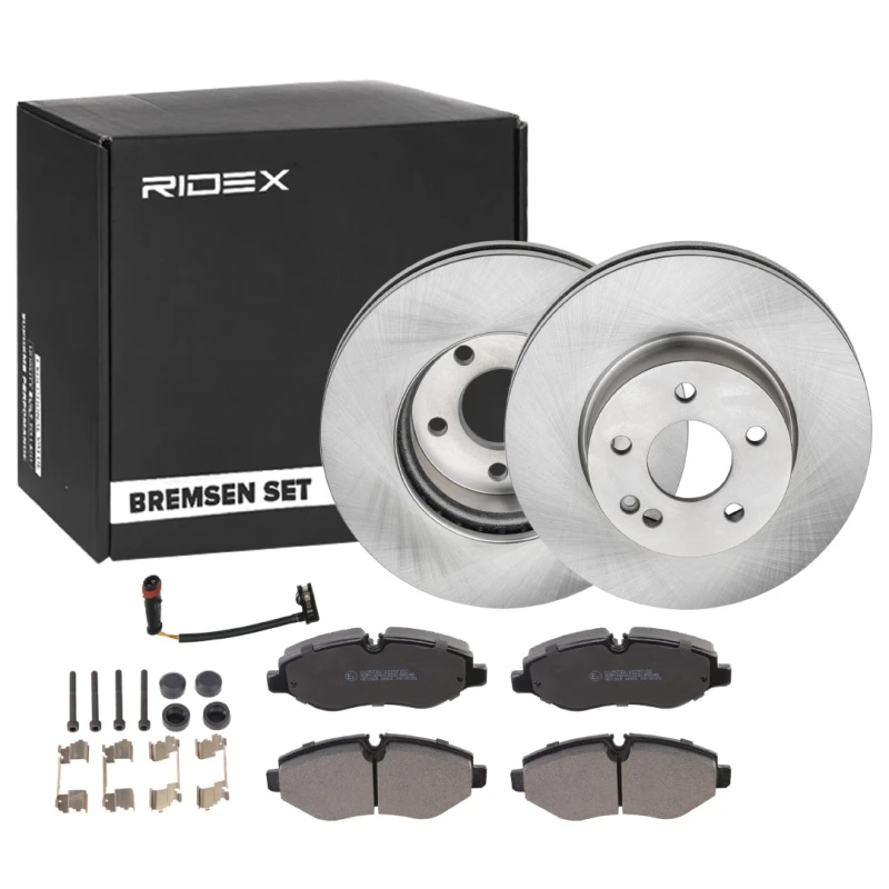 Image of RIDEX 3405B1769 Brake disc and pads set with accessories, Front Axle, Brake Disc Type: Vented, prepared for wear warning indicator, with anti-squeak p
