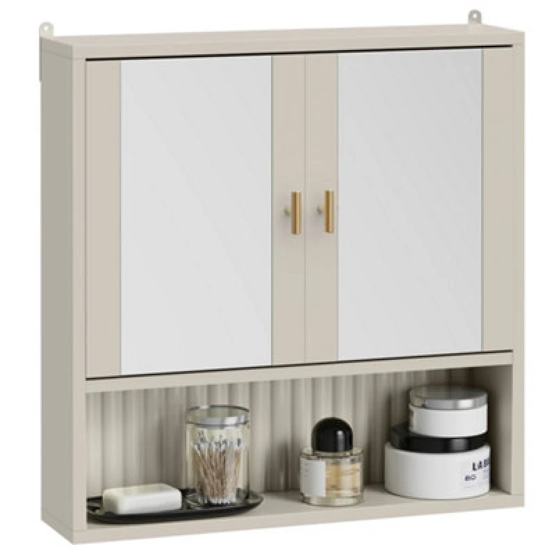 Image of Vonhaus Bathroom Mirror Cabinet, Stone 2 Door Wall Mounted Bathroom Cabinet With Mirror, Fluted Design & Gold Handles, Victoria