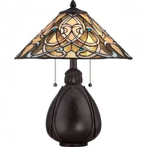 Image of 2 Light Table Lamp Imperial Bronze, Tiffany Glass, E27