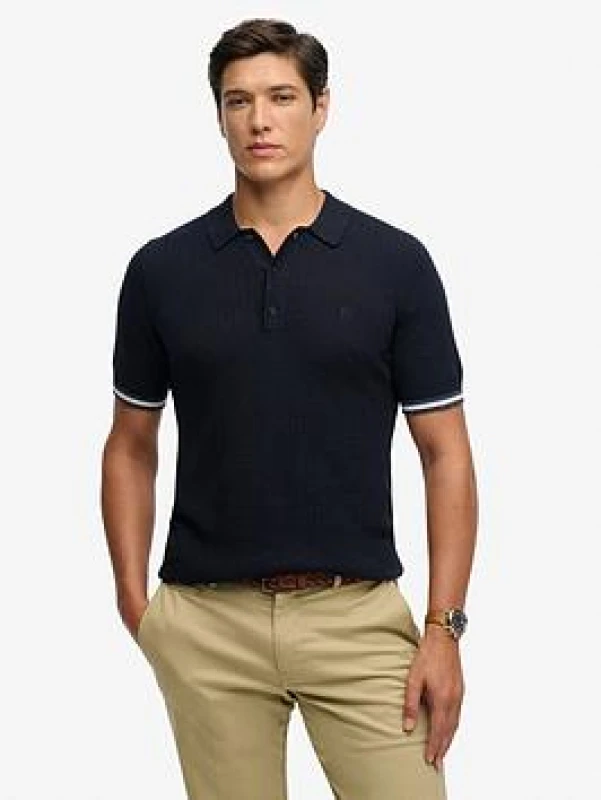 Image of Superdry Knitted Texture Short Sleeve Polo Shirt, Navy, Size 2XL, Men Navy WYE3I Male 2XL