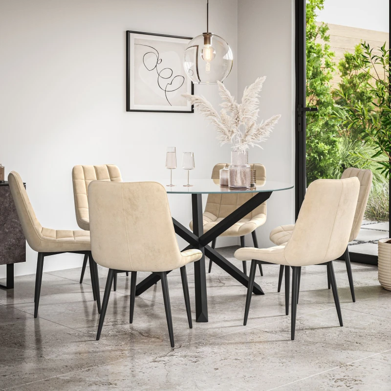 Image of More4Homes Malvern Round Dining Table And Chairs - Clear Glass Table Top W Solid Black Oak Legs + Nova Velvet Dining Chair Set Of 6 (Beige)
