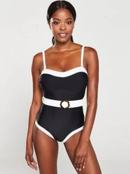 image of Pour Moi Removable Straps Belted Control Swimsuit - Black/White, Size 14, Women