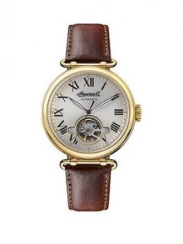 Image of Ingersoll Ingersoll Silver And Gold Detail Skeleton Eye Automatic Dial Brown Leather Strap Watch