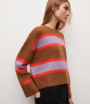 Image of AllSaints Womens Gini Striped Jumper, Brown/Orange/Blue, Size: XS