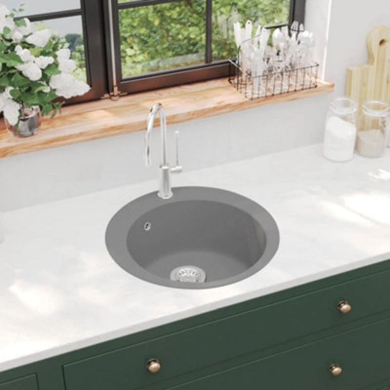 Image of Vidaxl Granite Kitchen Sink Single Basin Round Grey Kitchen Sinks